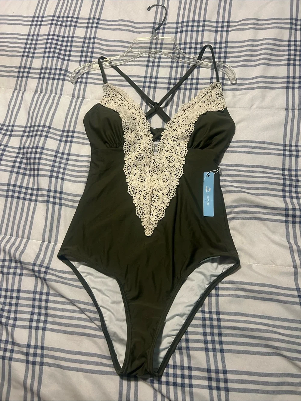 Cupshe Olive One-Piece Swimsuit with Cream Lace Trim